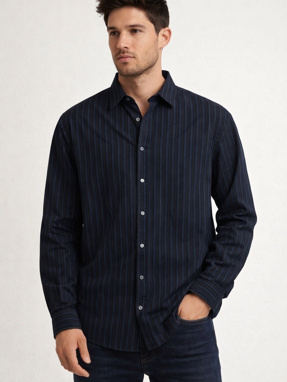 Calvin Klein Button Down Shirt Mens XL Black Blue Long Sleeve Striped Cotton AZ